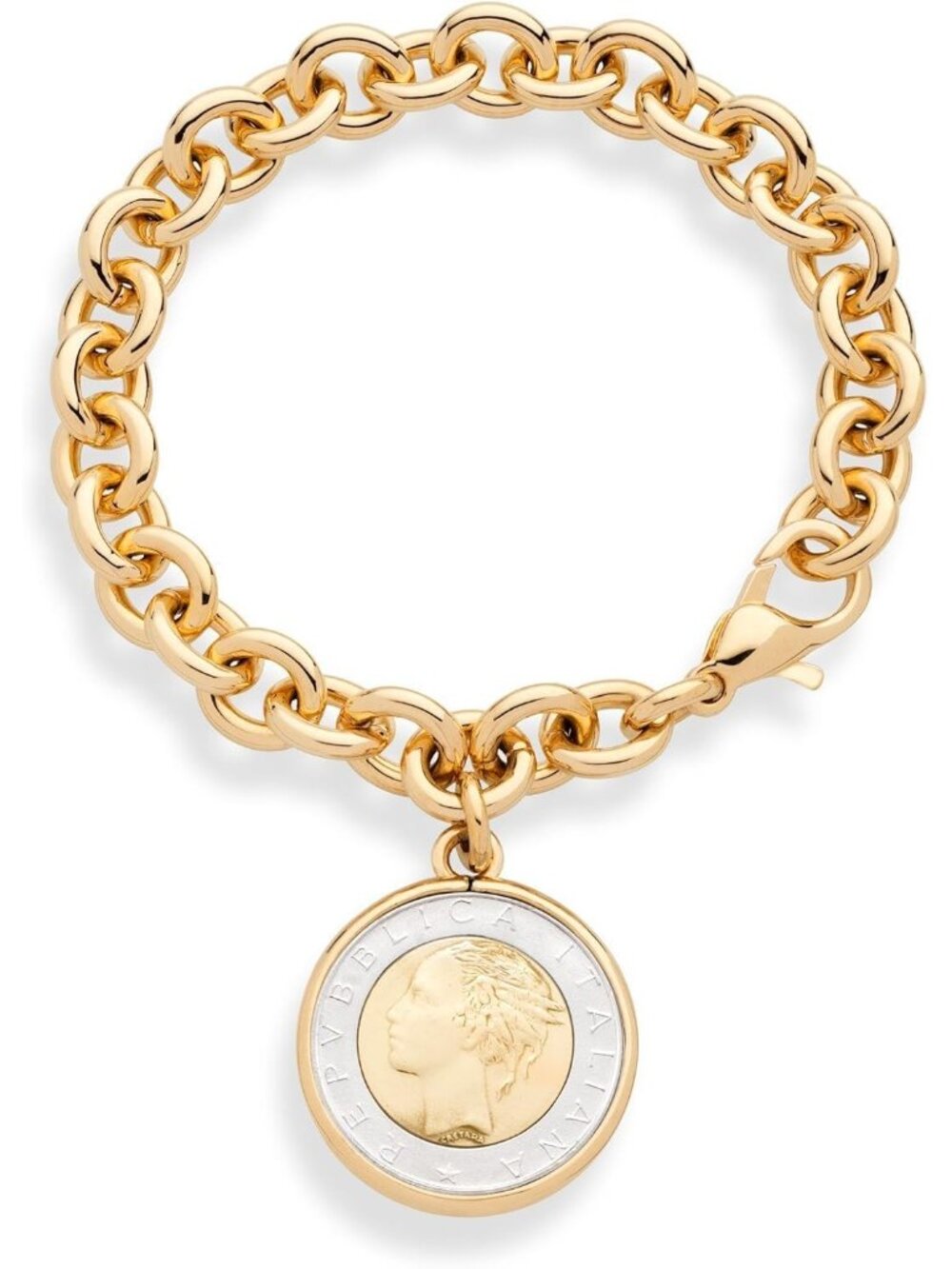 18K Gold Plated Bronze Italian Genuine 500-Lira Coin Charm Rolo Link Chain Brace